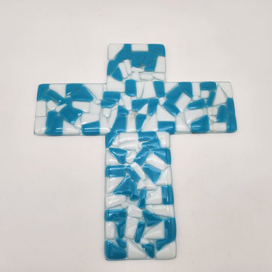 Blue and White Fused Glass Cross