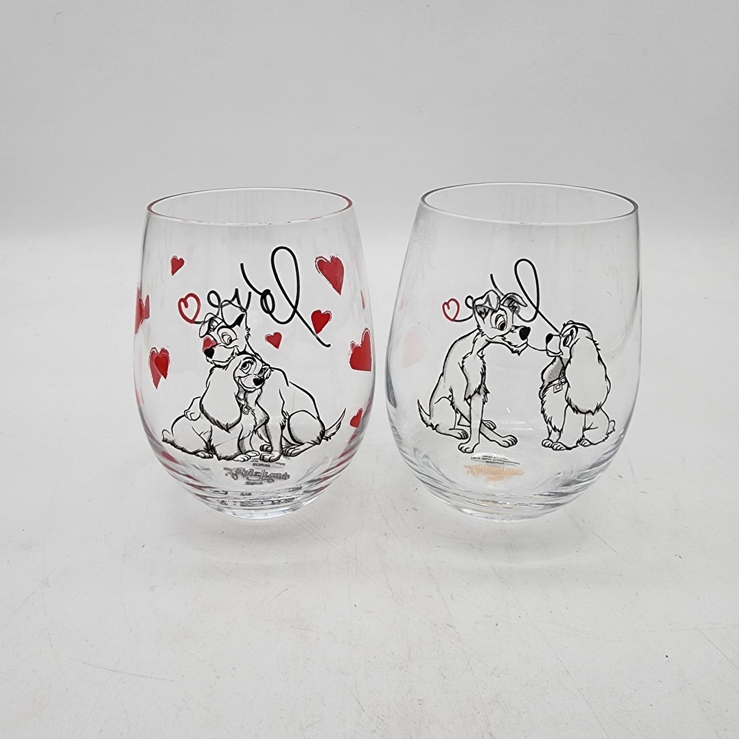 Pair of Lady and the Tramp Stemless Wine Glasses