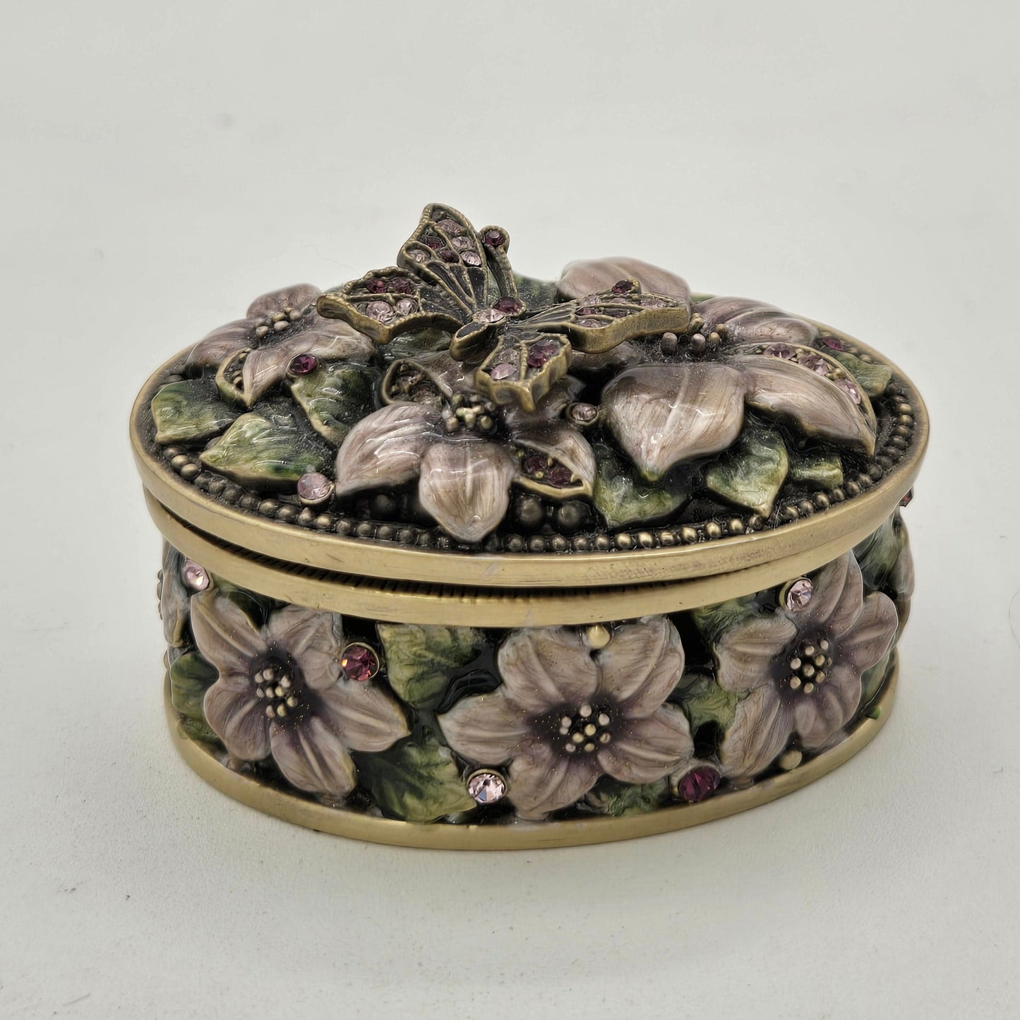 Trinket Box Butterfly Flowers and Rhinestones FREE SHIPPING