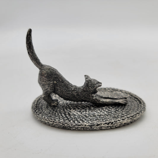 Vintage METZKE 1990 Pewter Stretching Cat on Rug Ring Holder