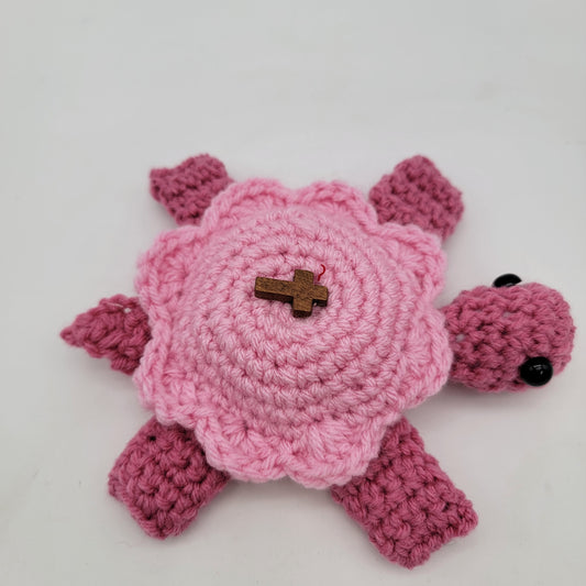Hand Crocheted Turtle Pink on Pink with Cross