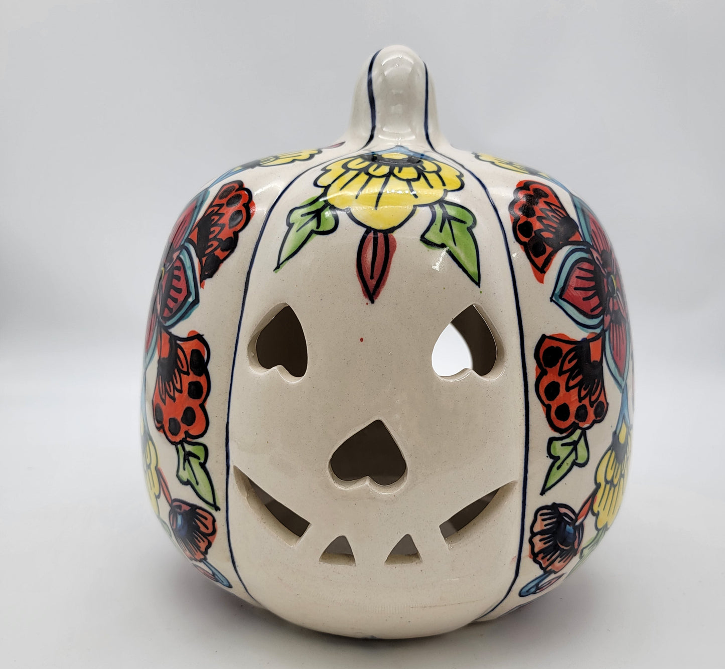 Talavera Style Halloween Pumpkin Jack-O-Lantern White with Large Yellow Flower