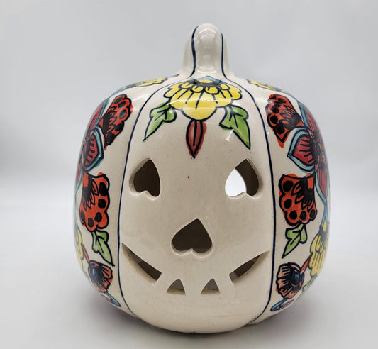 Talavera Style Halloween Pumpkin Jack-O-Lantern White with Large Yellow Flower