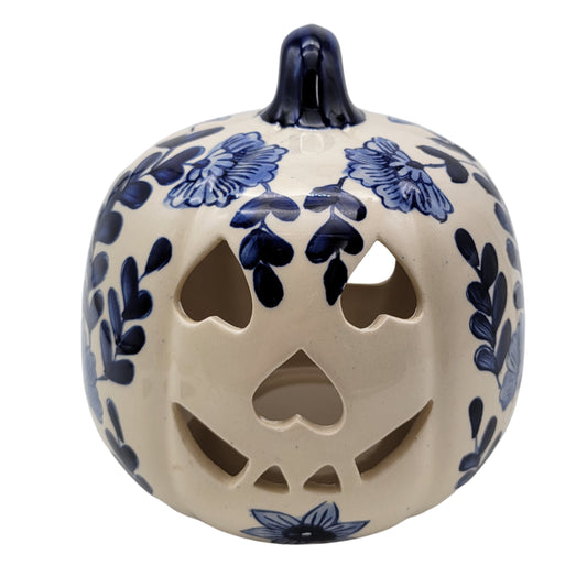 Martha Stewart White Ceramic Pumpkin Candle Holder with Blue Flowers