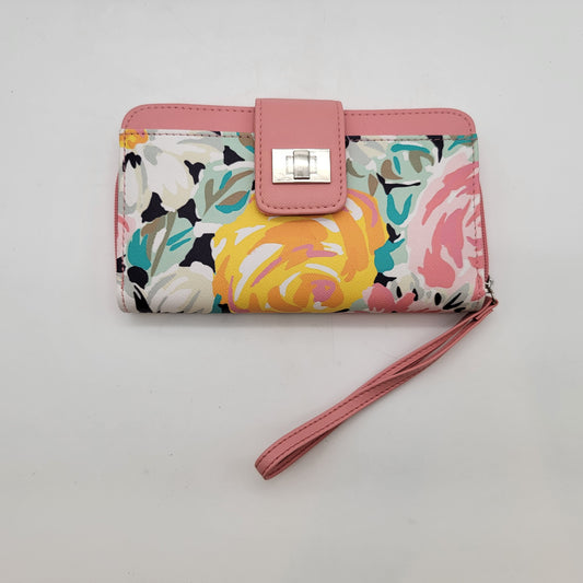 Pink Floral Wallet Wristlet RFID Safe With Zipper Pocket & Snap Closure