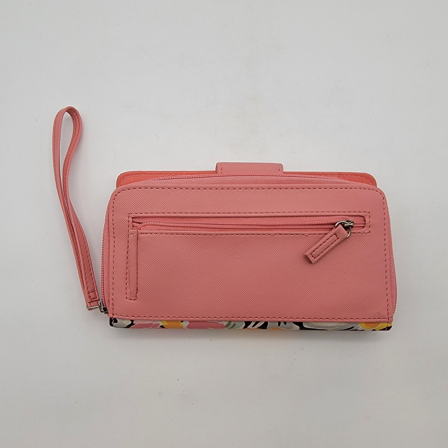 Pink Floral Wallet Wristlet RFID Safe With Zipper Pocket & Snap Closure