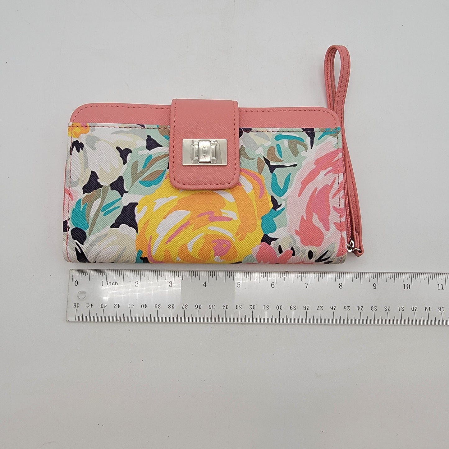 Pink Floral Wallet Wristlet RFID Safe With Zipper Pocket & Snap Closure