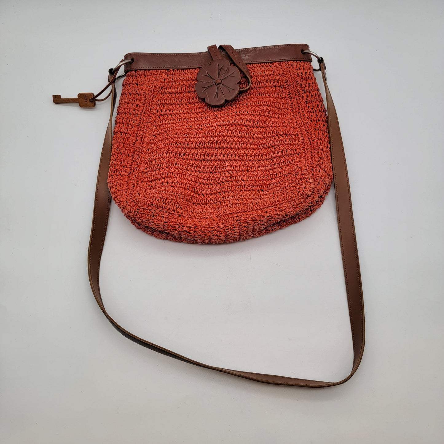 Vintage Fossil Woven Straw & Leather Crossbody Bag