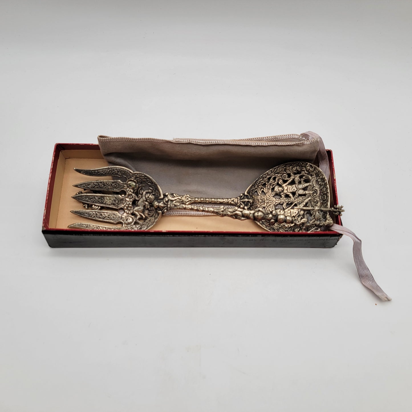 Vintage Ugo Bellini Ornate Italian Silver Salad Serving Set Cherub & Lion Motifs