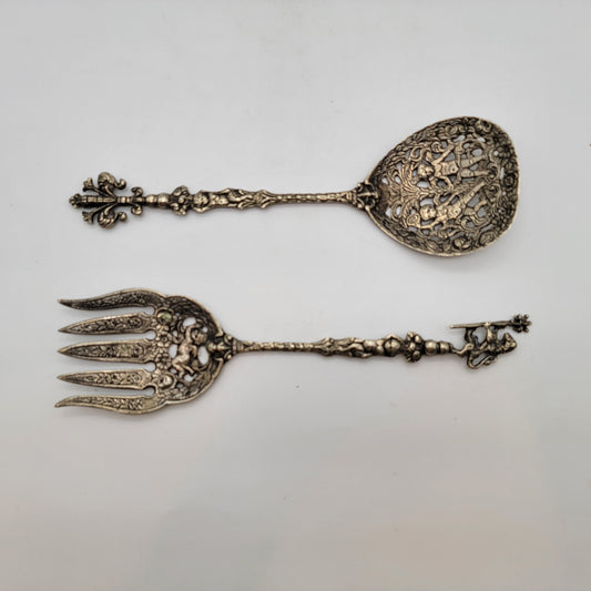 Vintage Ugo Bellini Ornate Italian Silver Salad Serving Set Cherub & Lion Motifs