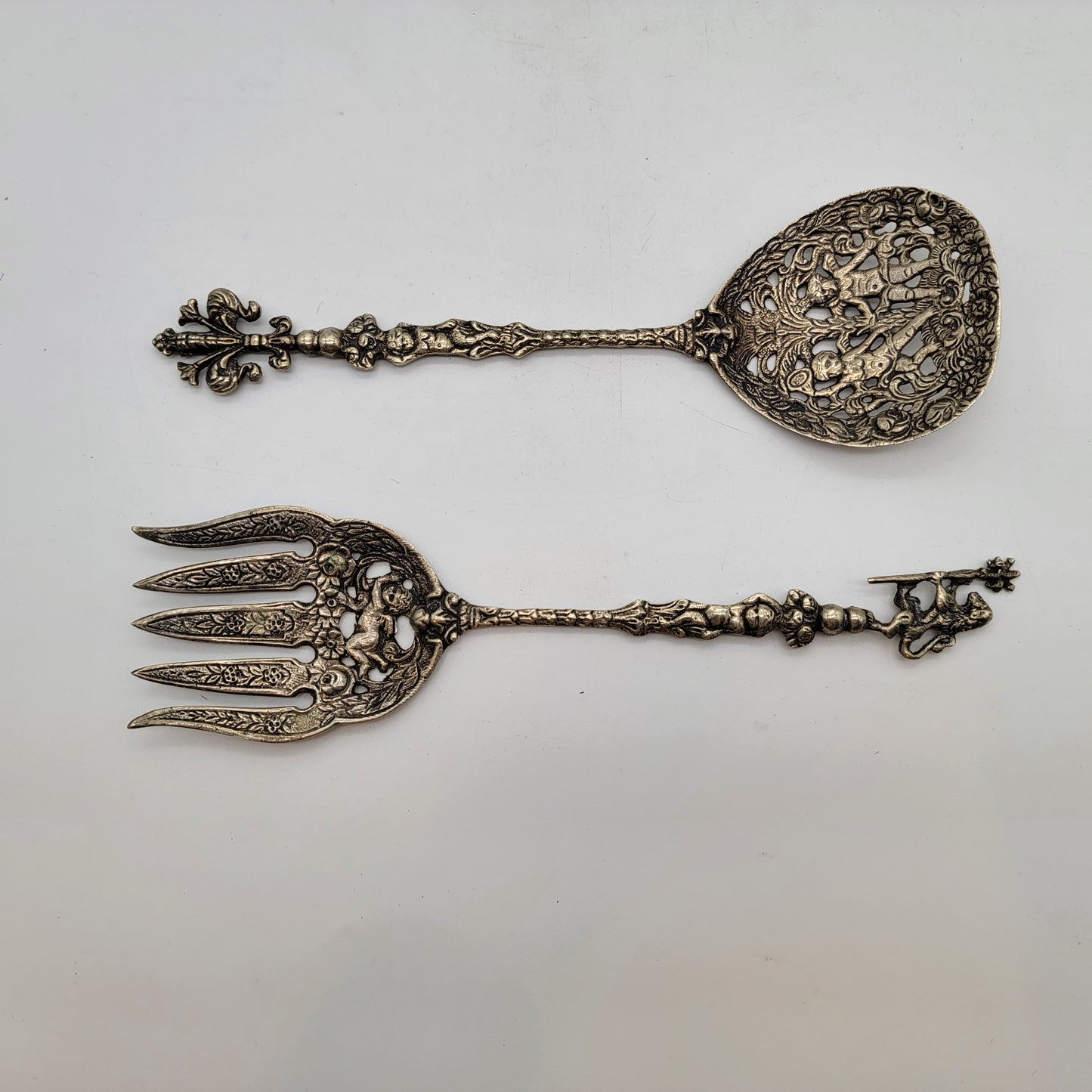 Vintage Ugo Bellini Ornate Italian Silver Salad Serving Set Cherub & Lion Motifs