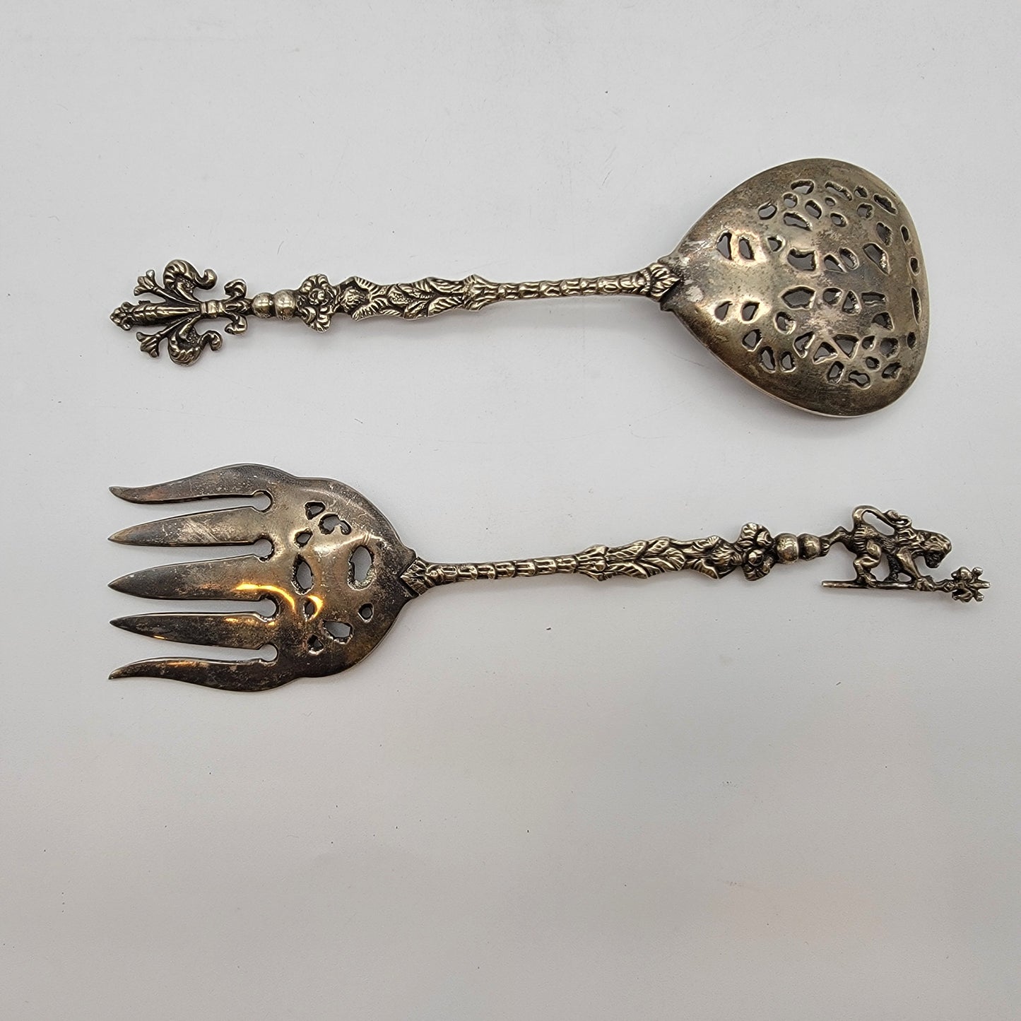 Vintage Ugo Bellini Ornate Italian Silver Salad Serving Set Cherub & Lion Motifs