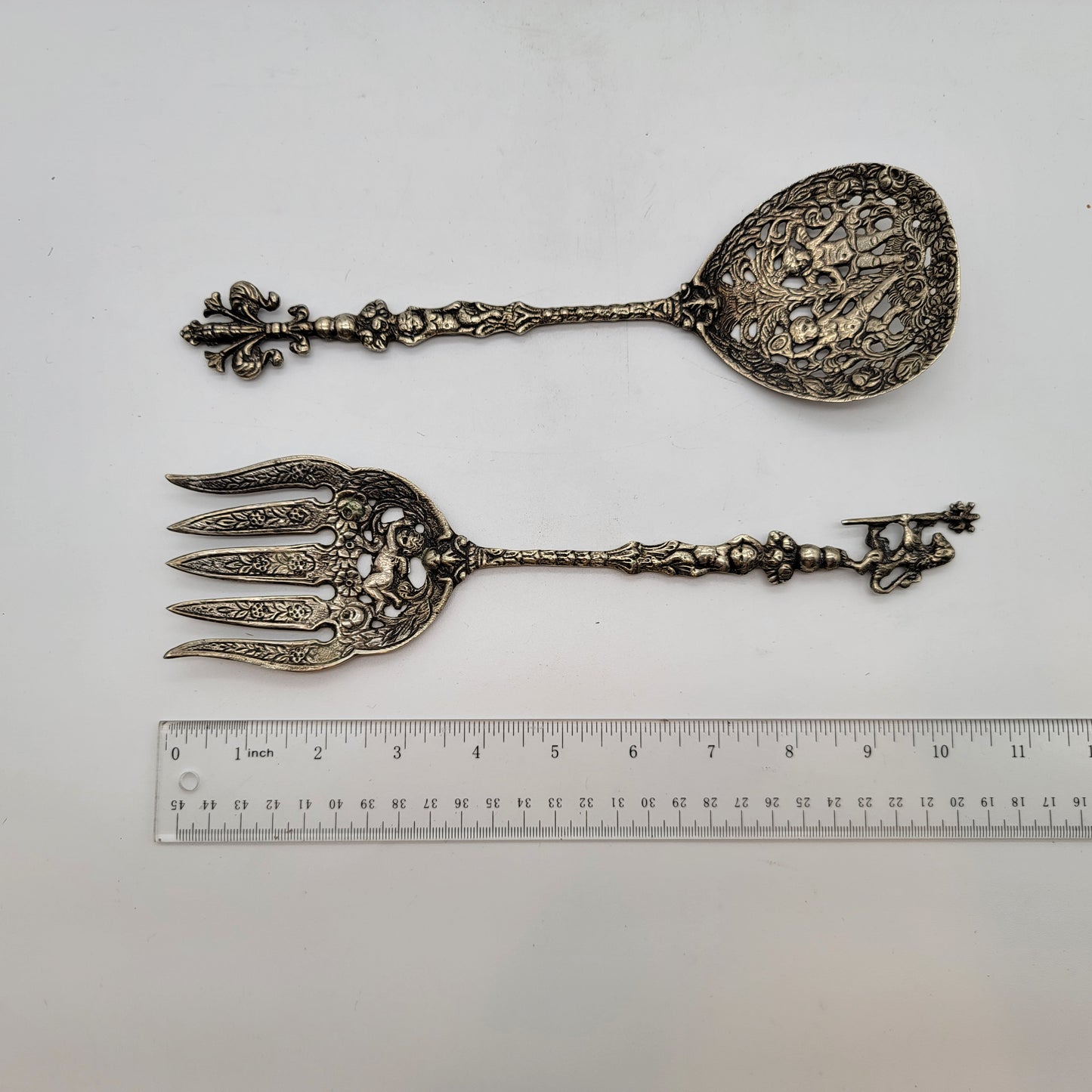 Vintage Ugo Bellini Ornate Italian Silver Salad Serving Set Cherub & Lion Motifs