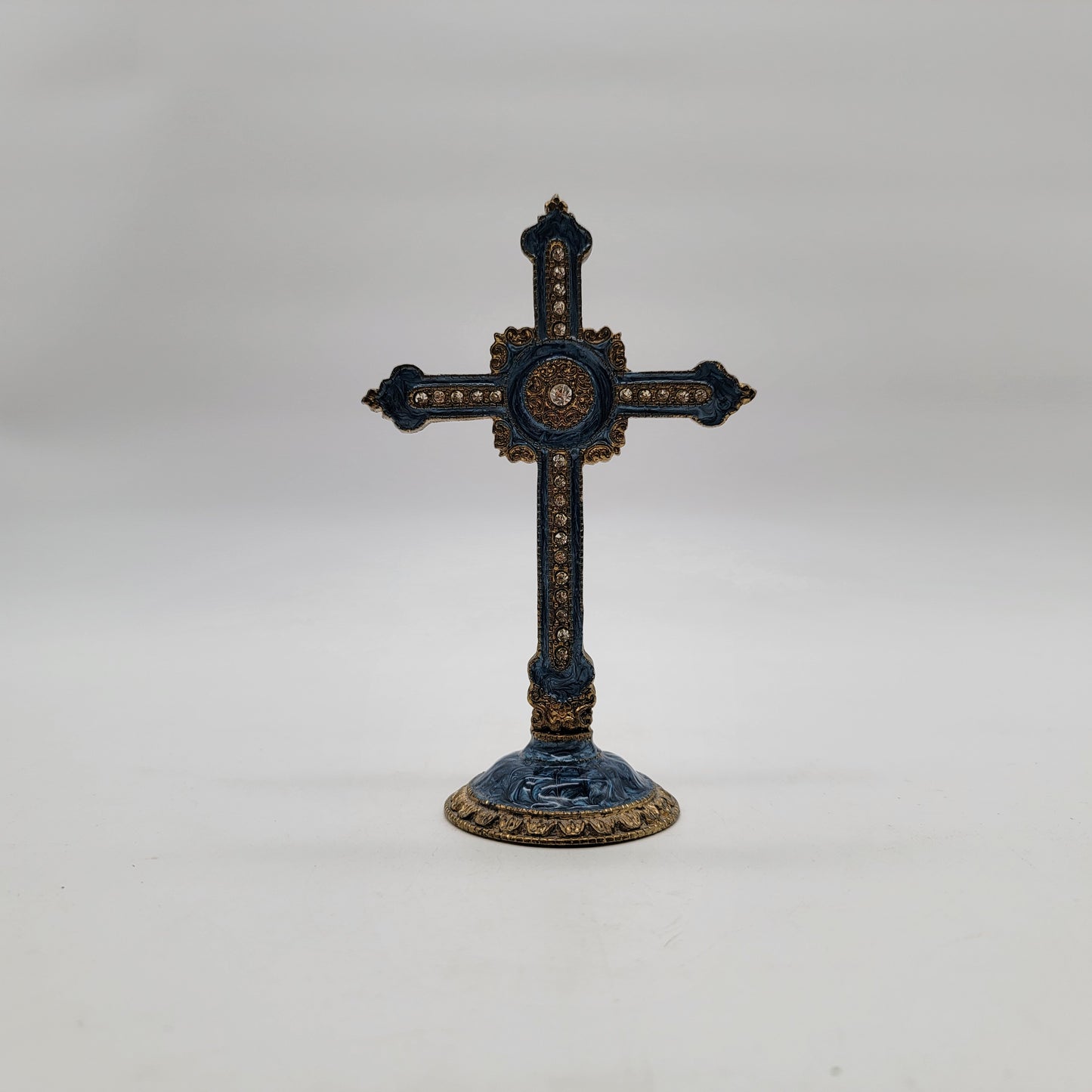 Blue Enameled Bejeweled Ornate Tabletop Cross
