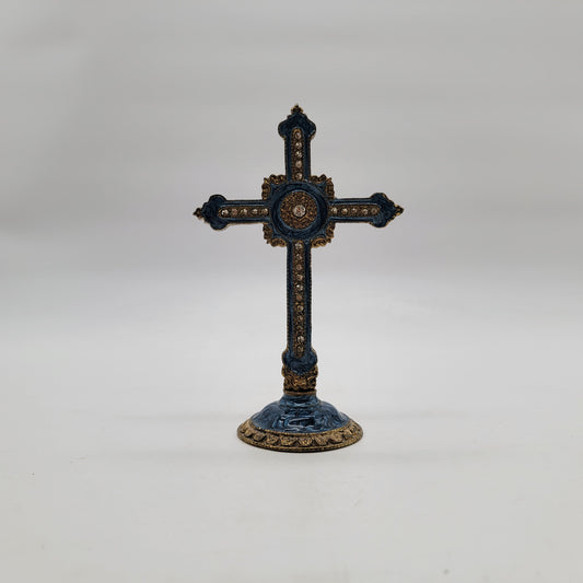Blue Enameled Bejeweled Ornate Tabletop Cross