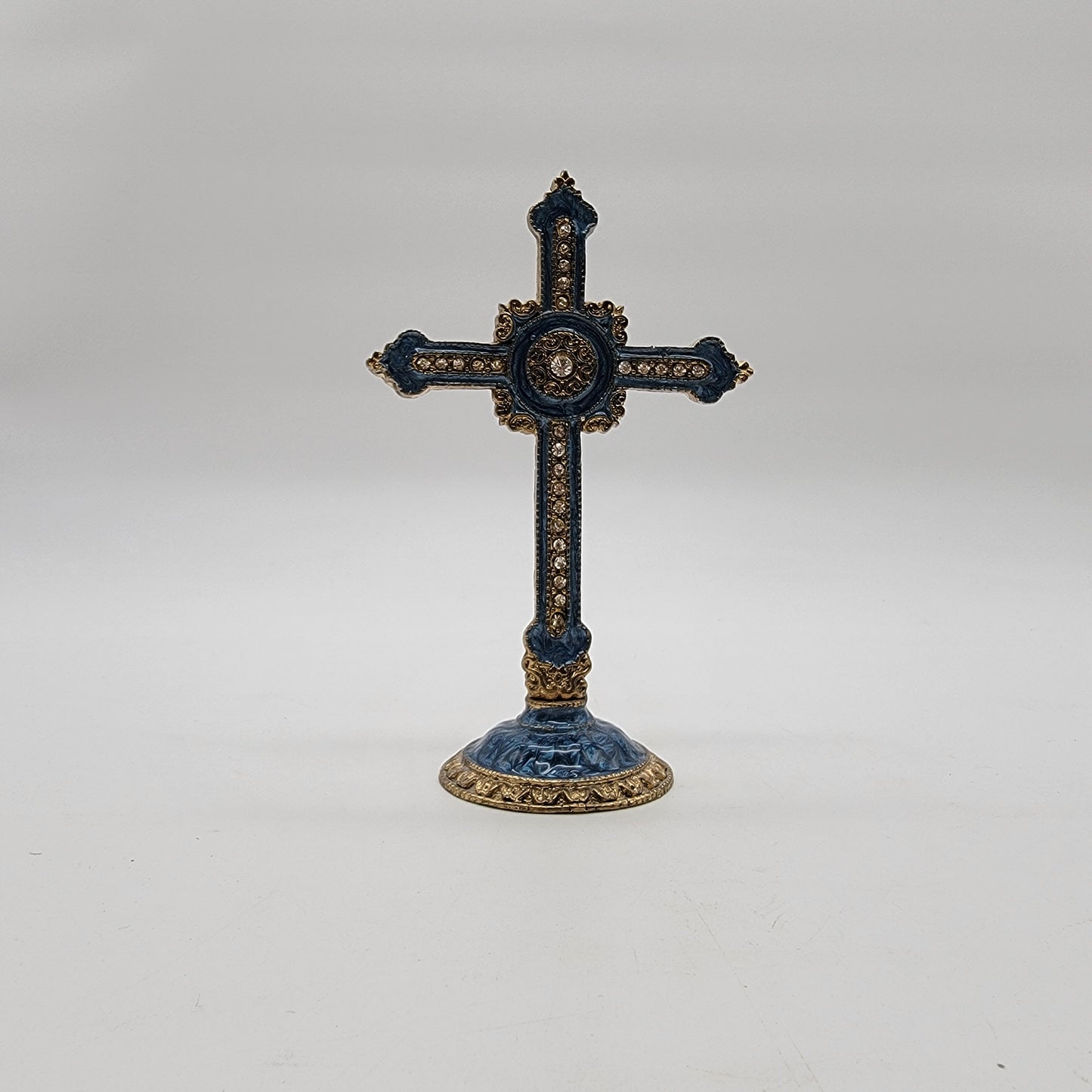 Blue Enameled Bejeweled Ornate Tabletop Cross