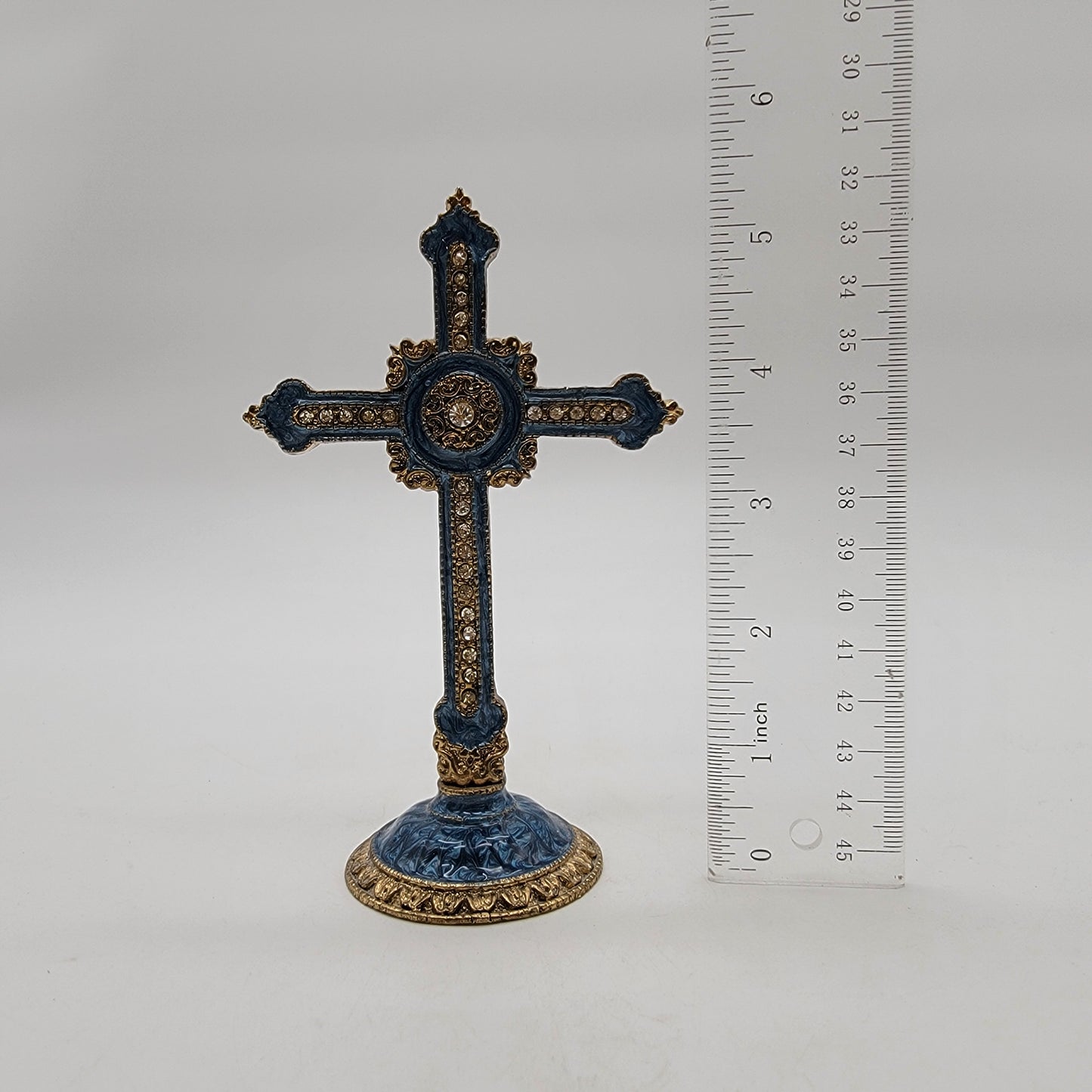 Blue Enameled Bejeweled Ornate Tabletop Cross