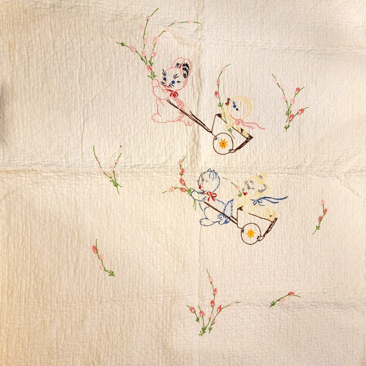 Vintage Hand-Embroidered Baby Quilt With Animals