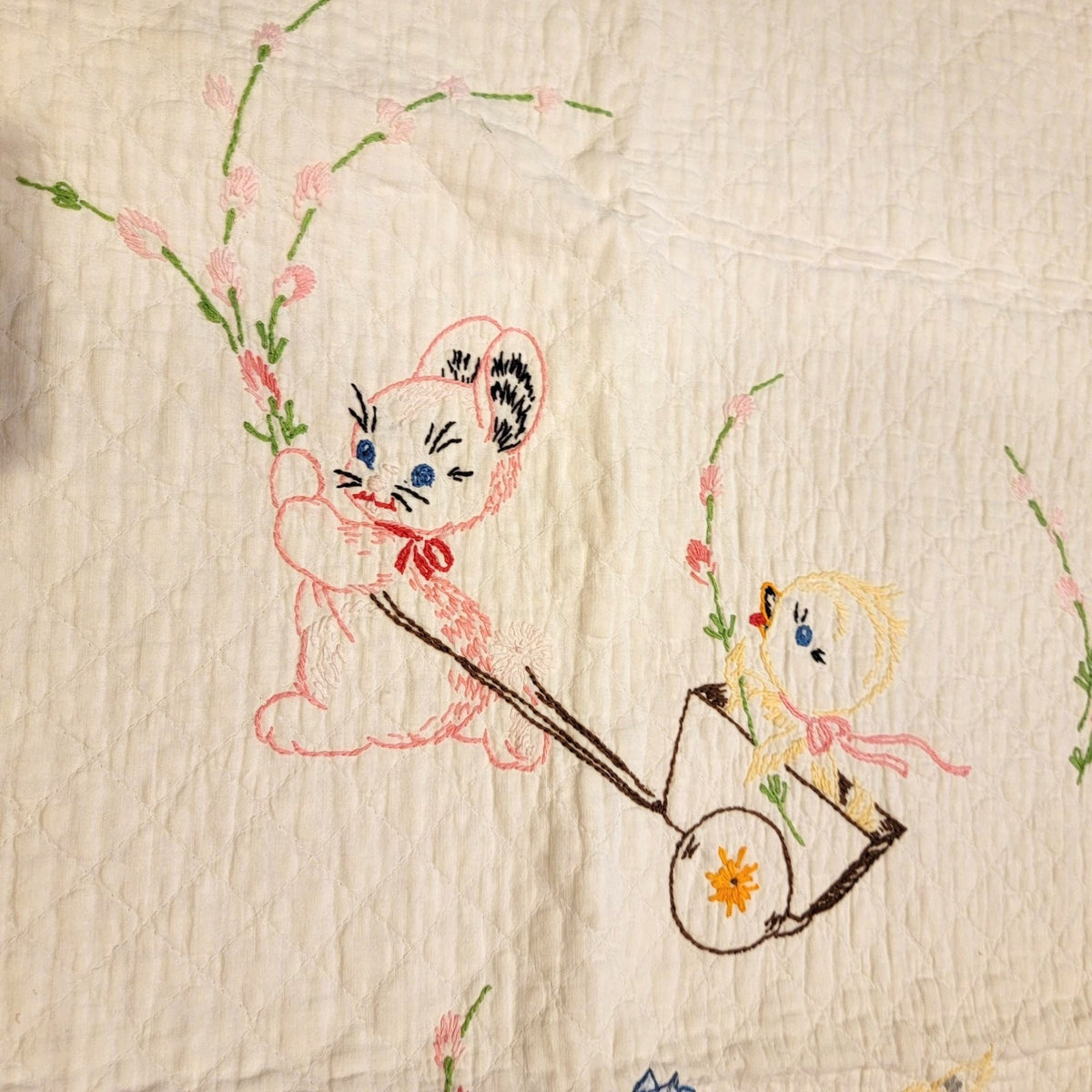Vintage Hand-Embroidered Baby Quilt With Animals