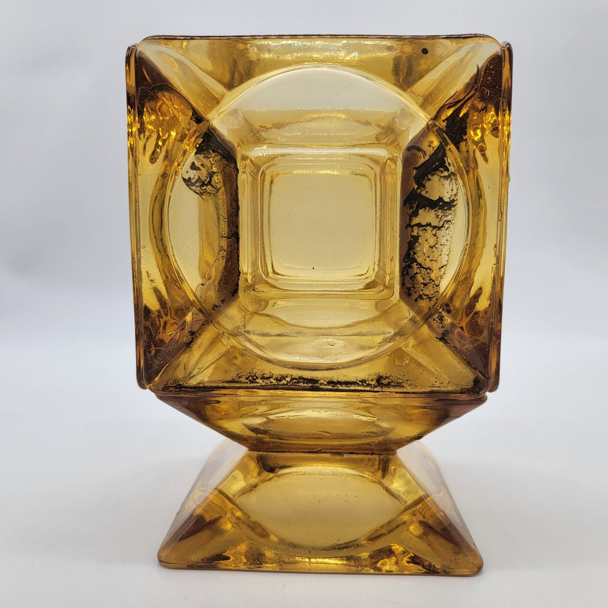 1970s Upcycled Amber Glass Ashtray Cube Vase Candle Holder