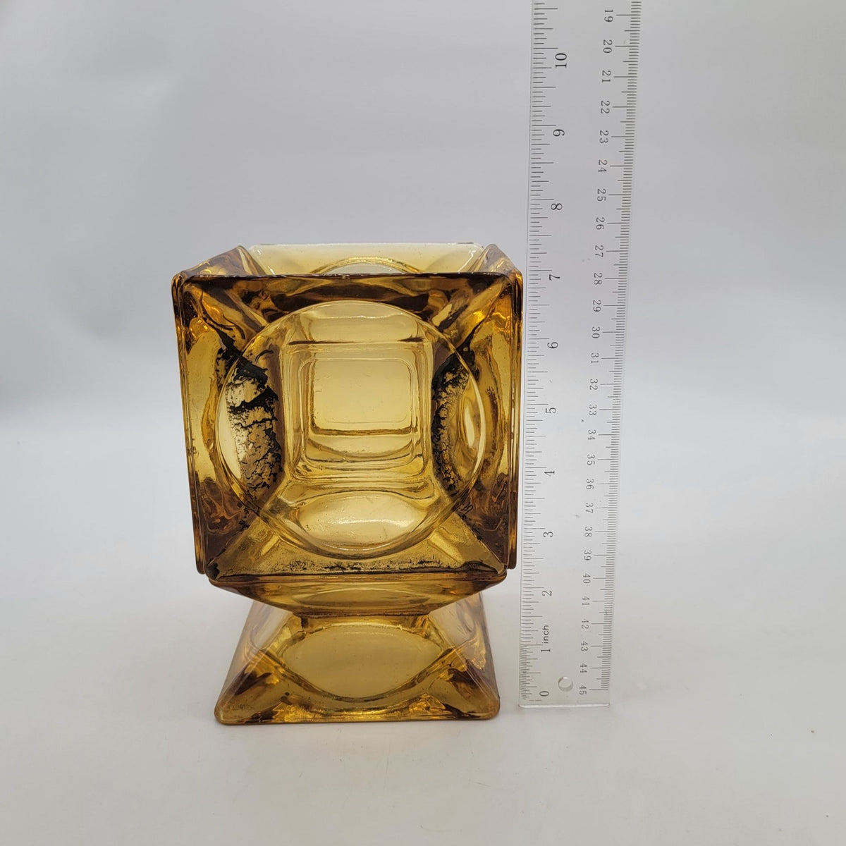 1970s Upcycled Amber Glass Ashtray Cube Vase Candle Holder