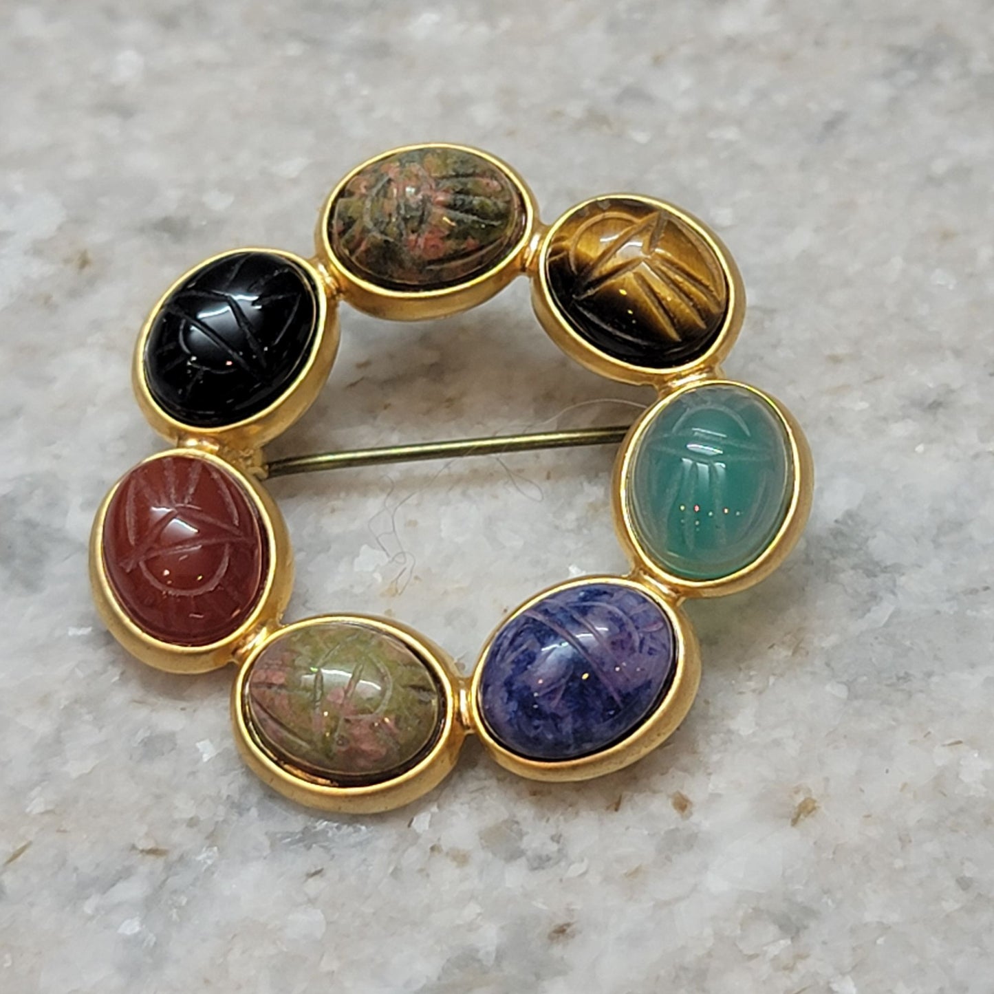 Vintage Gemstone Scarab Circle Brooch