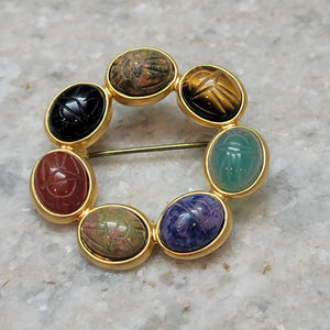 Vintage Gemstone Scarab Circle Brooch