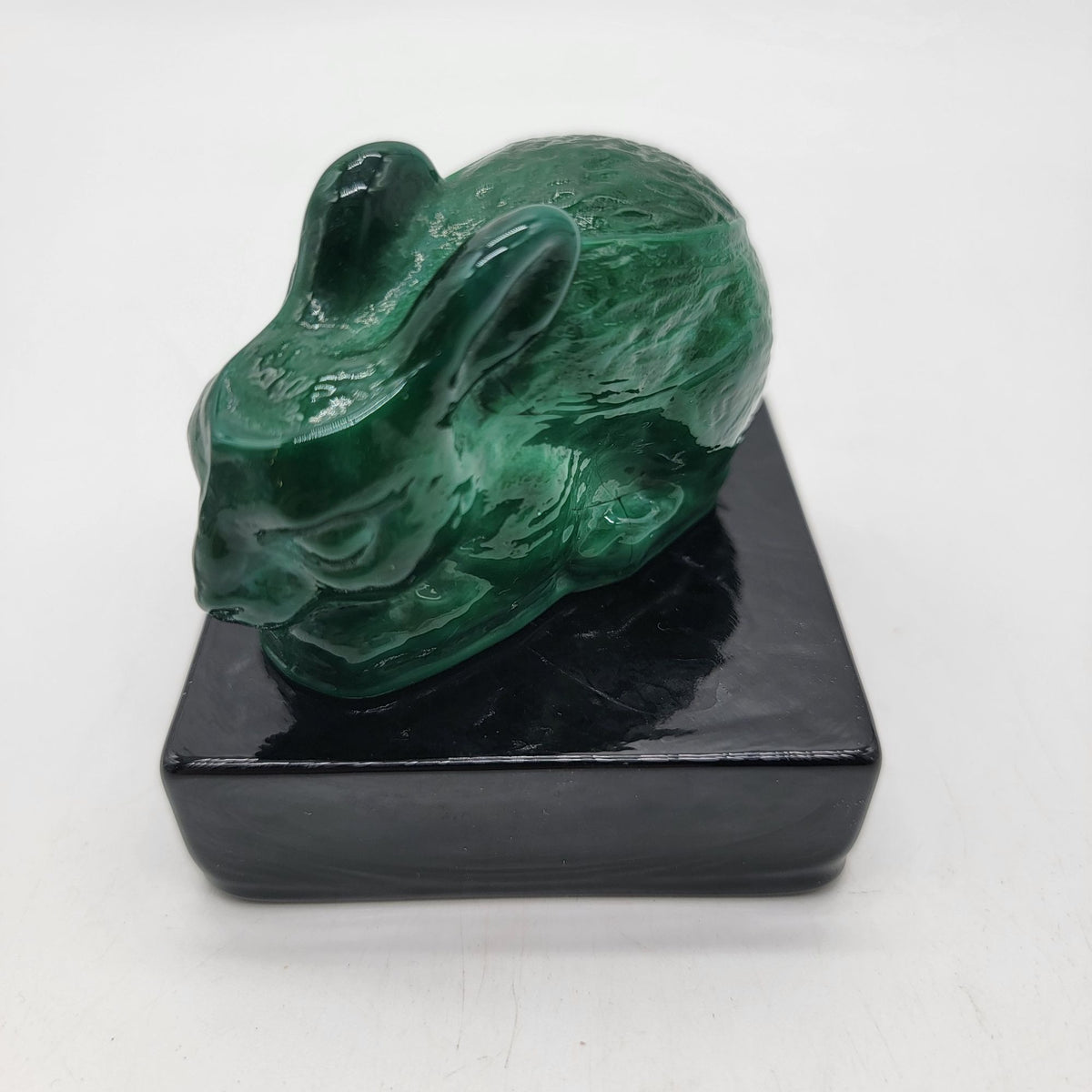 Bohemian Czech Malachite Green Glass Rabbit Paperweight With Black Base
