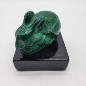Bohemian Czech Malachite Green Glass Rabbit Paperweight With Black Base