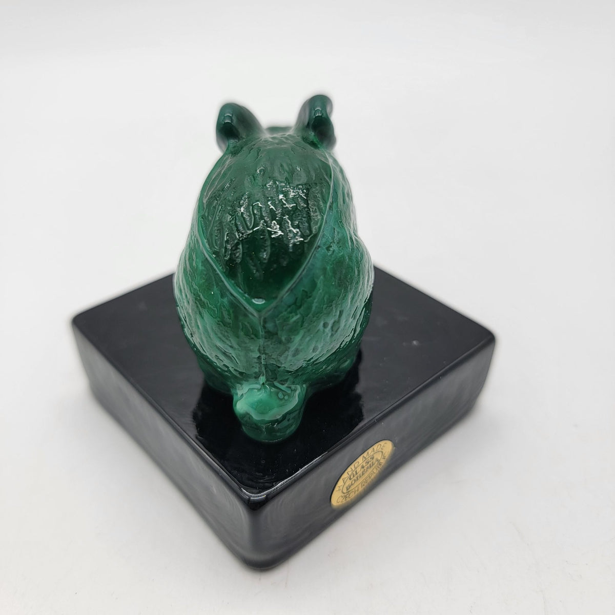 Bohemian Czech Malachite Green Glass Rabbit Paperweight With Black Base