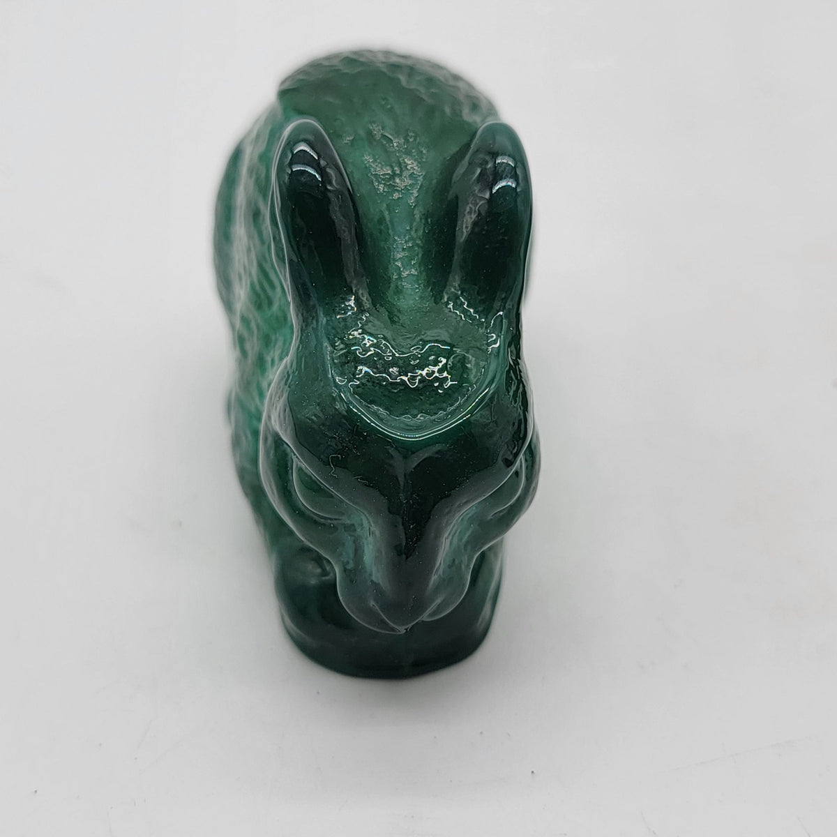 Bohemian Czech Malachite Green Glass Rabbit Paperweight With Black Base