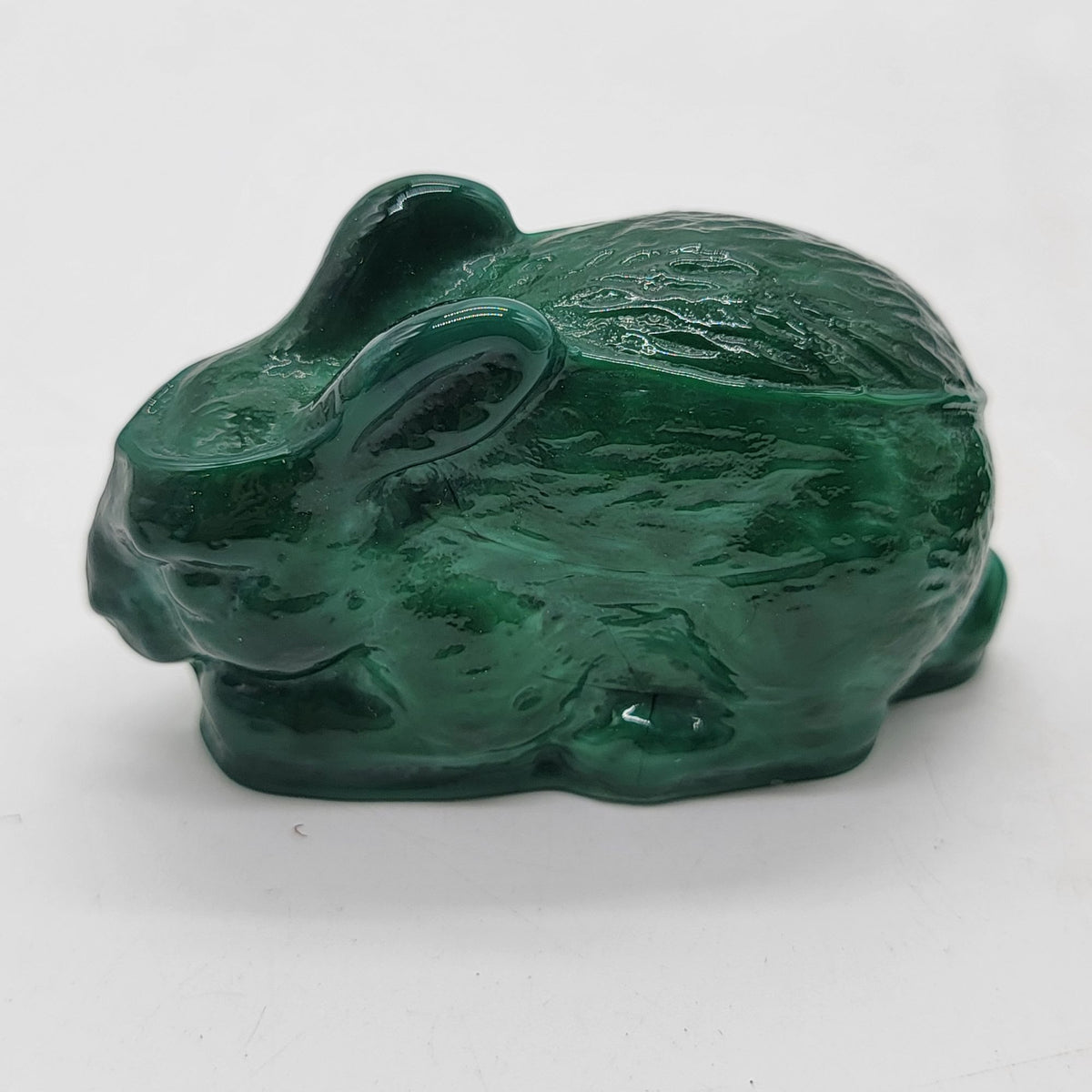 Bohemian Czech Malachite Green Glass Rabbit Paperweight With Black Base