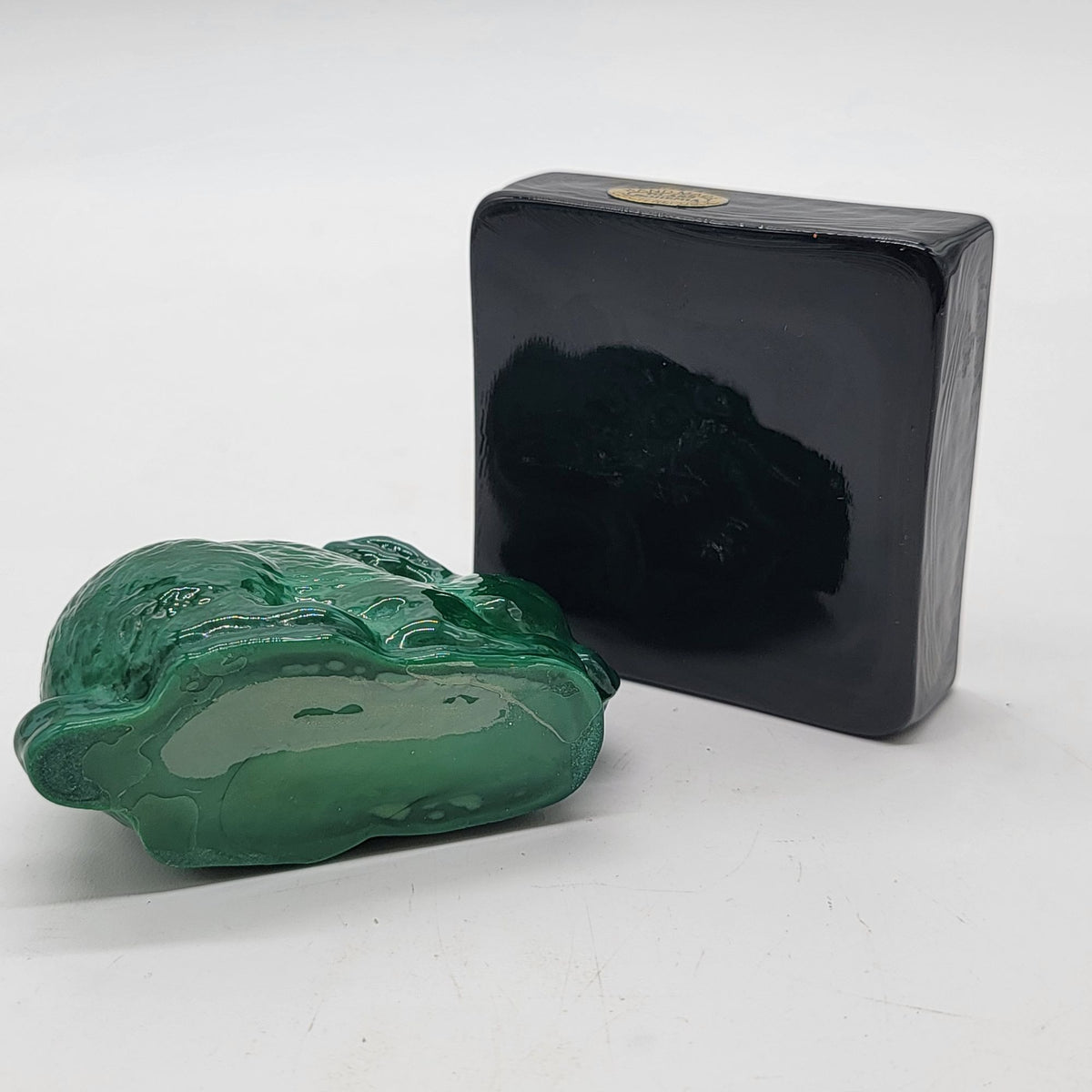 Bohemian Czech Malachite Green Glass Rabbit Paperweight With Black Base