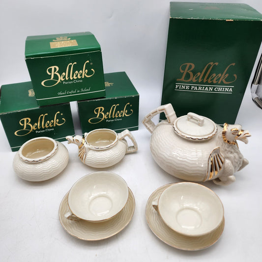 Belleek Dragon Tea Set  Teapot Creamer Sugar Bowl & Tea Cups with Saucers - as found