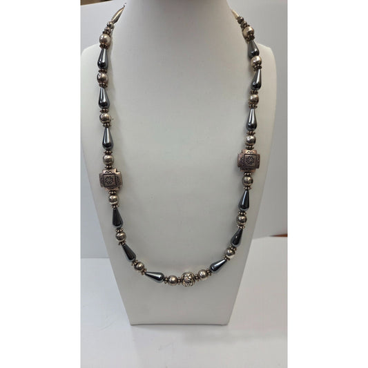 Vintage Hematite  & Hand-Carved 925 Silver Beaded Necklace 23"