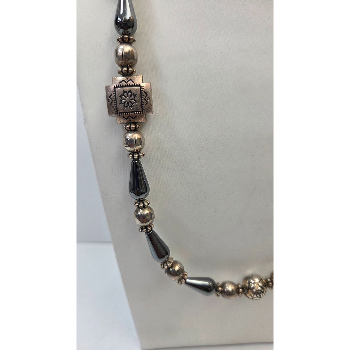 Vintage Hematite  & Hand-Carved 925 Silver Beaded Necklace 23"