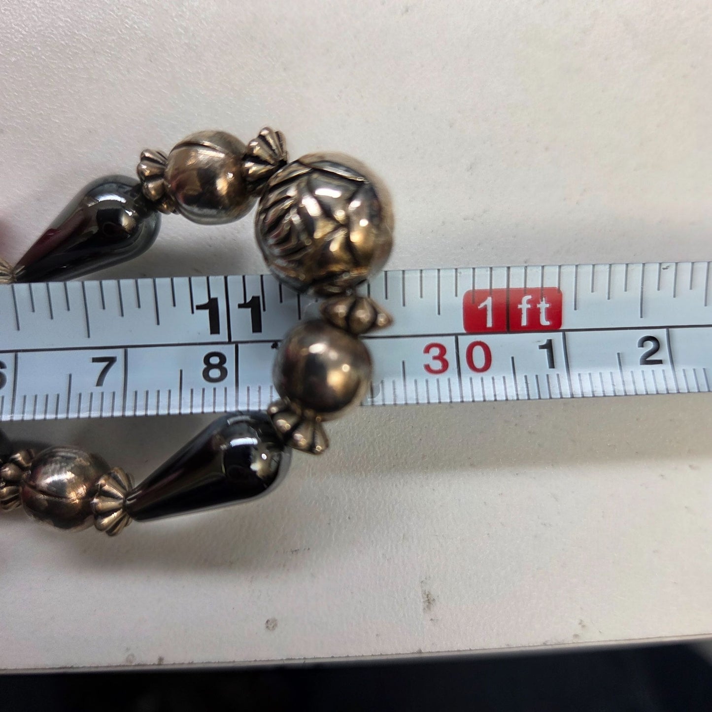 Vintage Hematite  & Hand-Carved 925 Silver Beaded Necklace 23"