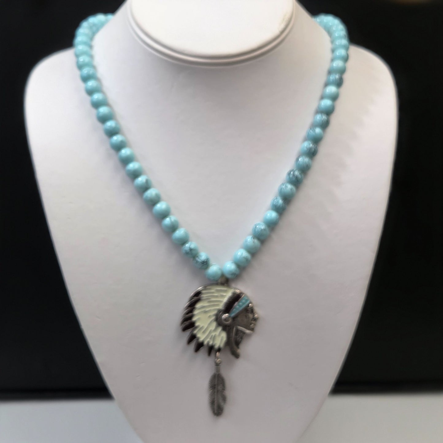 Native American Penobscot Nation 925 Silver Necklace Howlite Beads Chief in Headdress Pendant 27"