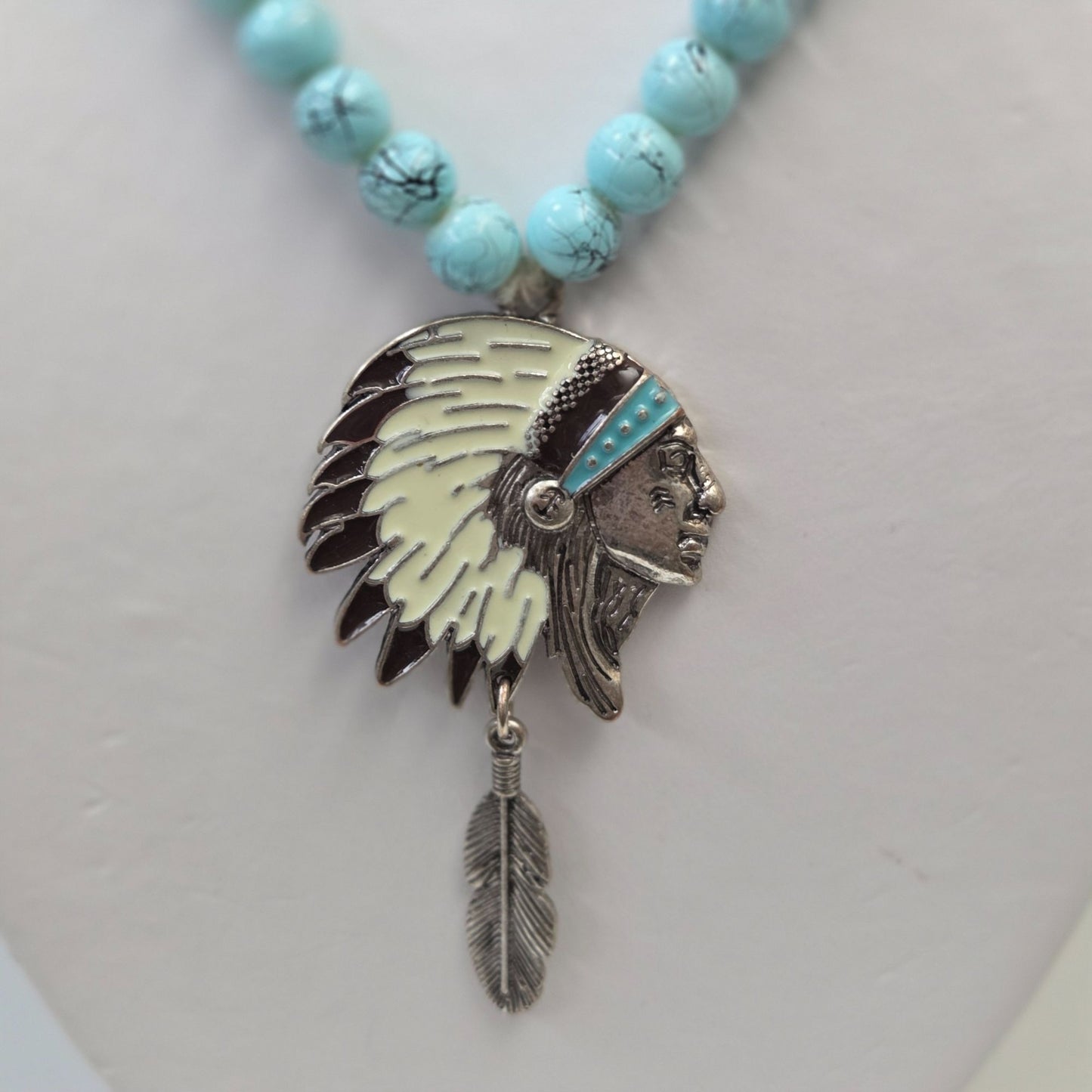 Native American Penobscot Nation 925 Silver Necklace Howlite Beads Chief in Headdress Pendant 27"