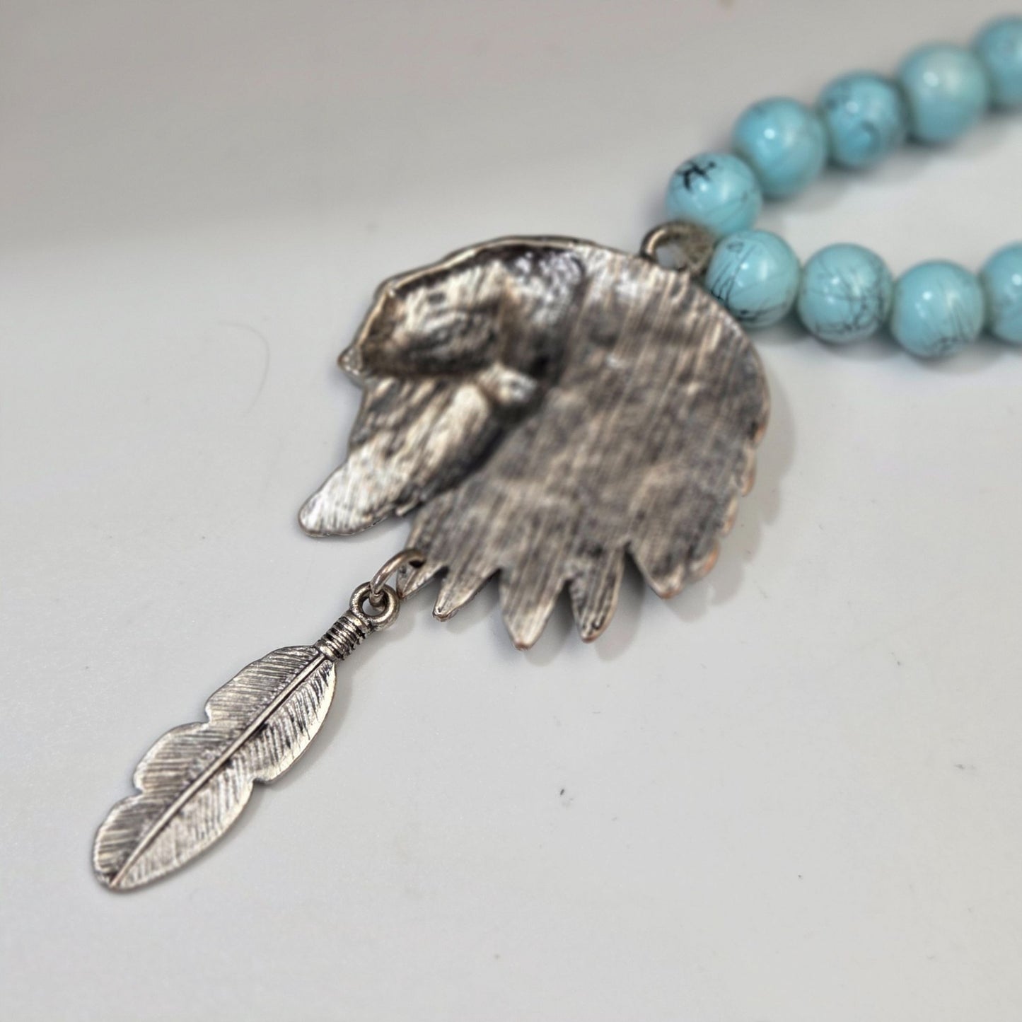 Native American Penobscot Nation 925 Silver Necklace Howlite Beads Chief in Headdress Pendant 27"