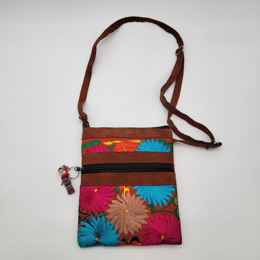 Handcrafted Guatemalan Embroidered Floral & Leather Crossbody Bag Worry Doll Zipper Pull