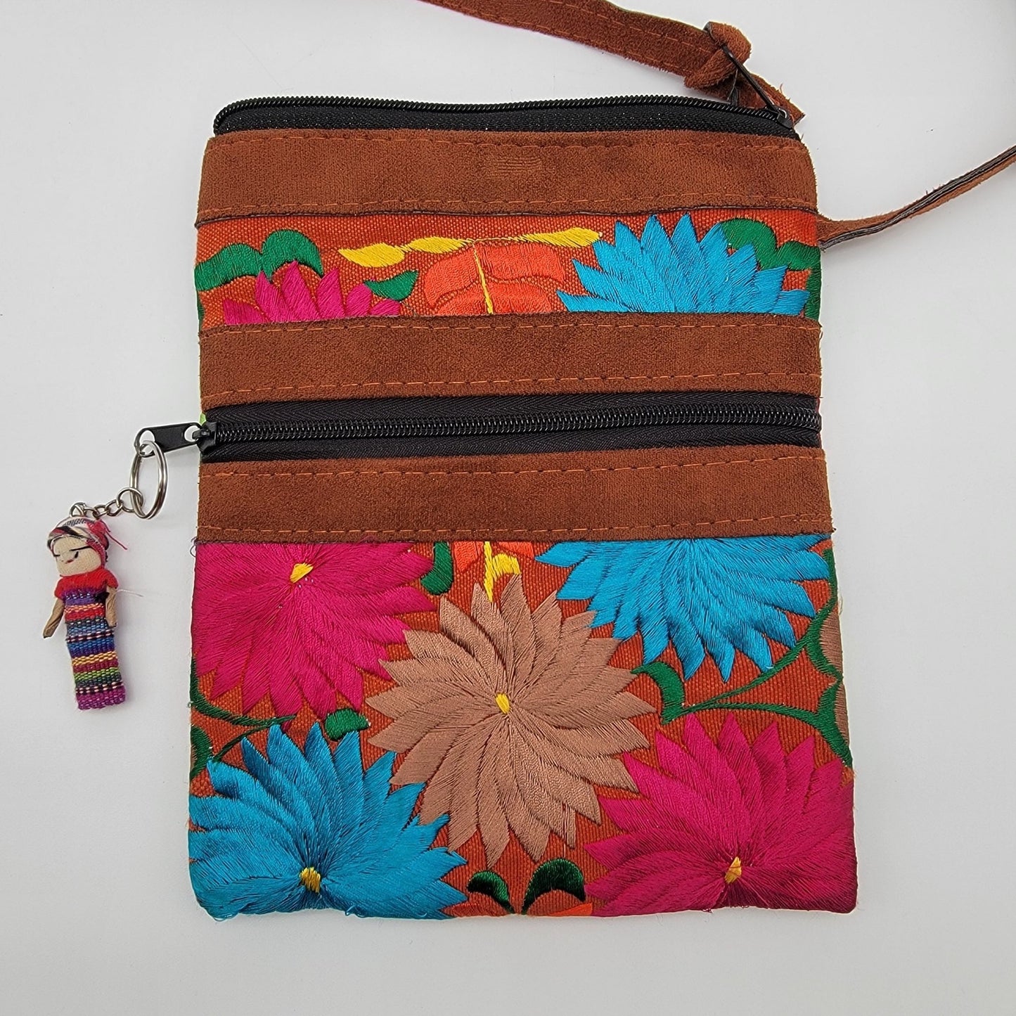 Handcrafted Guatemalan Embroidered Floral & Leather Crossbody Bag Worry Doll Zipper Pull