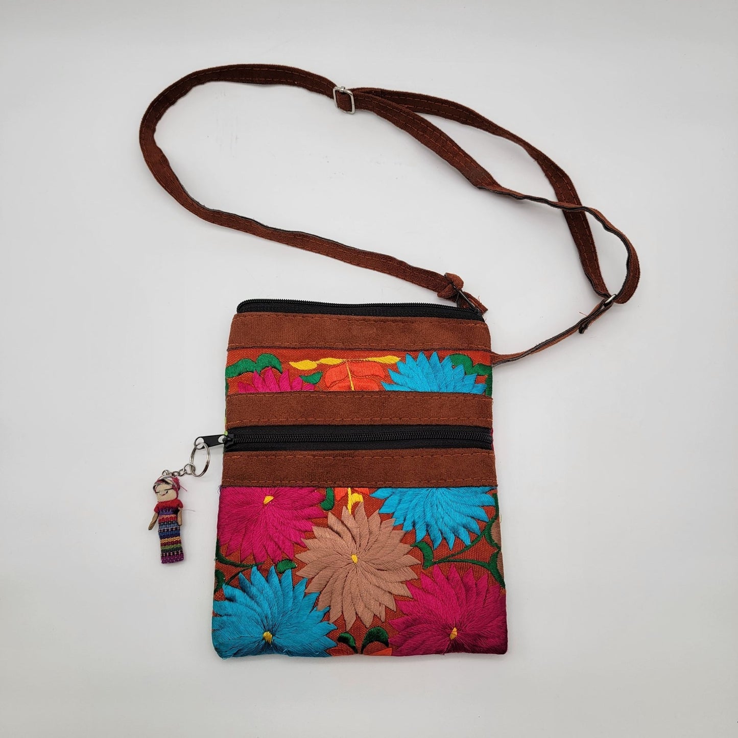 Handcrafted Guatemalan Embroidered Floral & Leather Crossbody Bag Worry Doll Zipper Pull