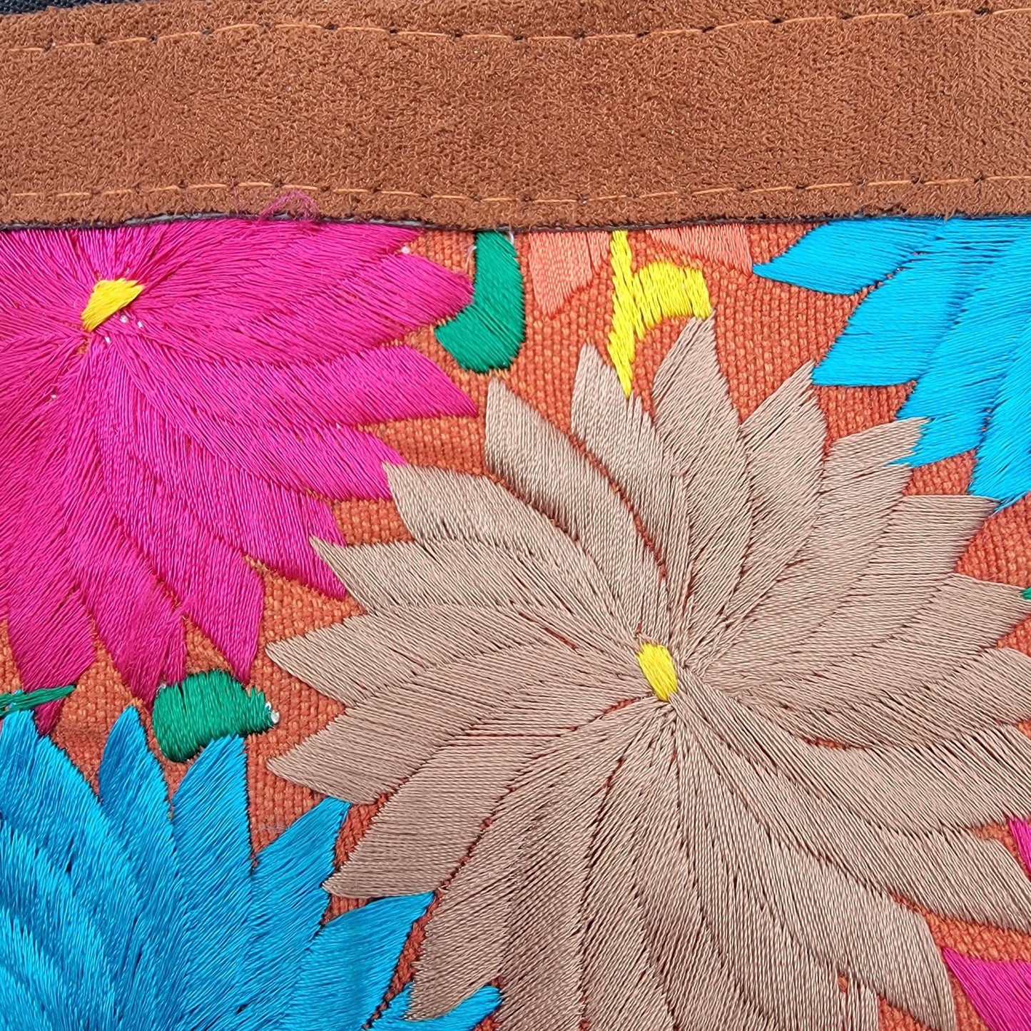 Handcrafted Guatemalan Embroidered Floral & Leather Crossbody Bag Worry Doll Zipper Pull