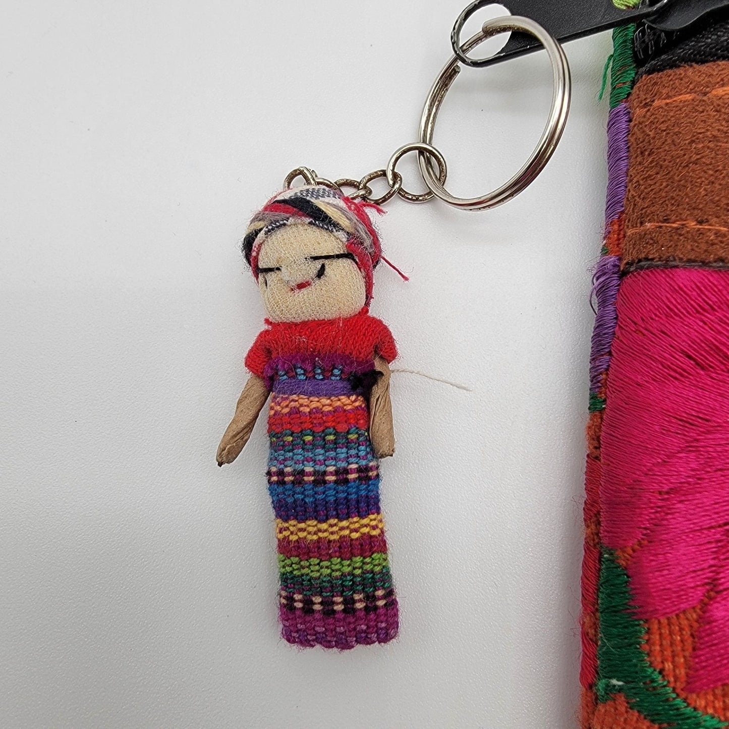 Handcrafted Guatemalan Embroidered Floral & Leather Crossbody Bag Worry Doll Zipper Pull