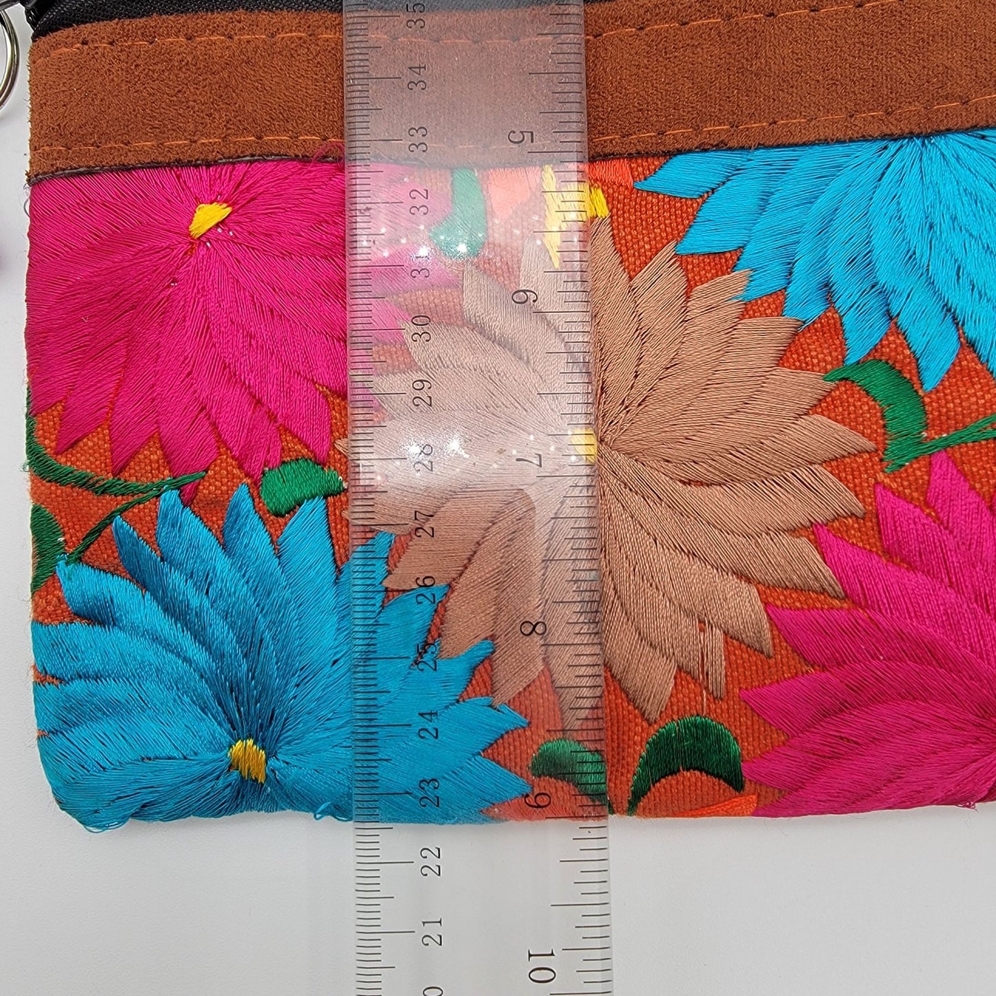 Handcrafted Guatemalan Embroidered Floral & Leather Crossbody Bag Worry Doll Zipper Pull