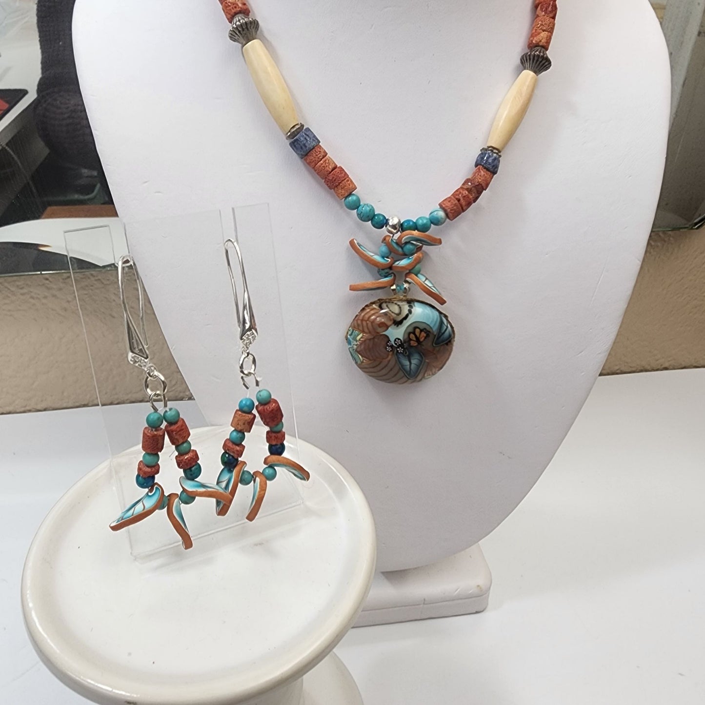 Hand-Painted Indigenous Art Pottery Pendant, Necklace & Earrings Set