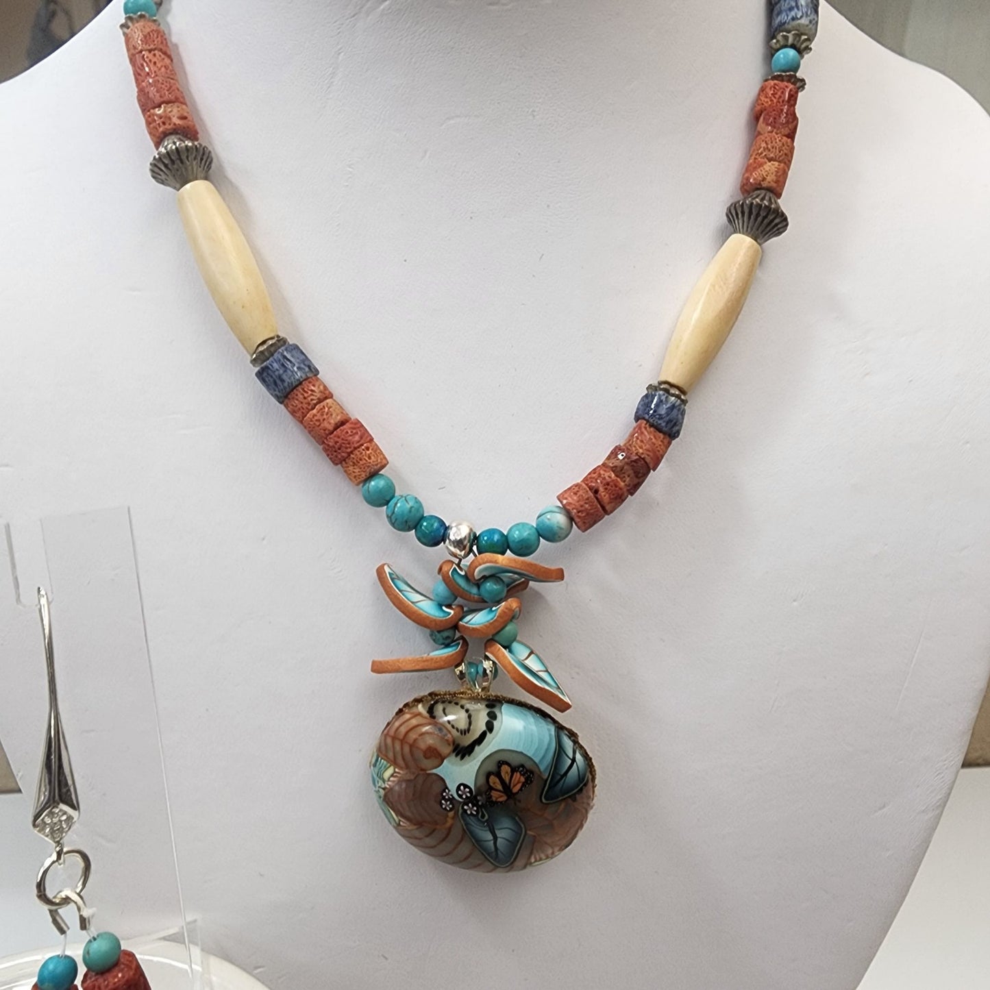 Hand-Painted Indigenous Art Pottery Pendant, Necklace & Earrings Set