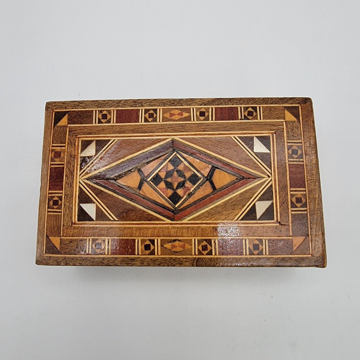 Vintage Mosaic Inlay Marquetry Wood Box Middle Eastern
