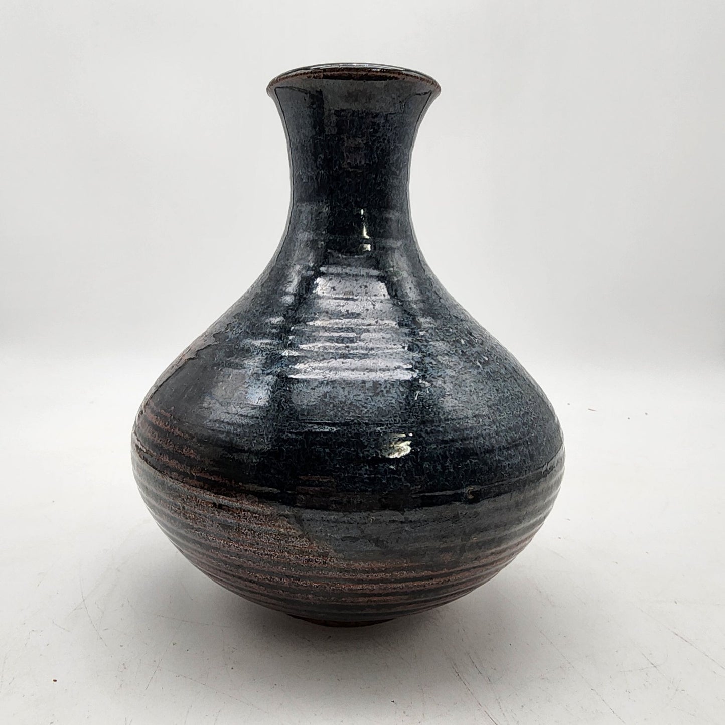 Vintage Handcrafted Signed Art Pottery Vase With Glossy Glaze & Subtle Stripes